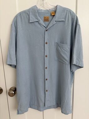 Jos A Bank Silk Camp Shirt Mens Large Blue Hawaiian Palm Tree Button Textured